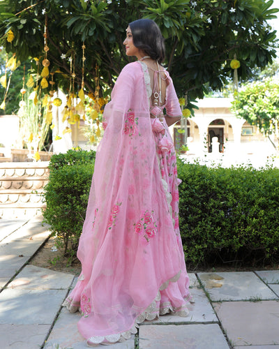 Dewberry Pink Handpainted Chanderi Lehenga Set