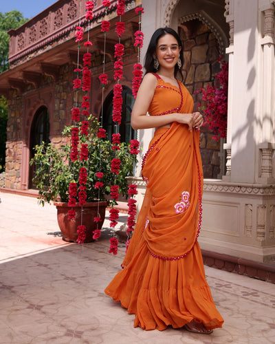 Coral Crush Orange Mirror Work Handpainted Georgette Pre Draped Saree