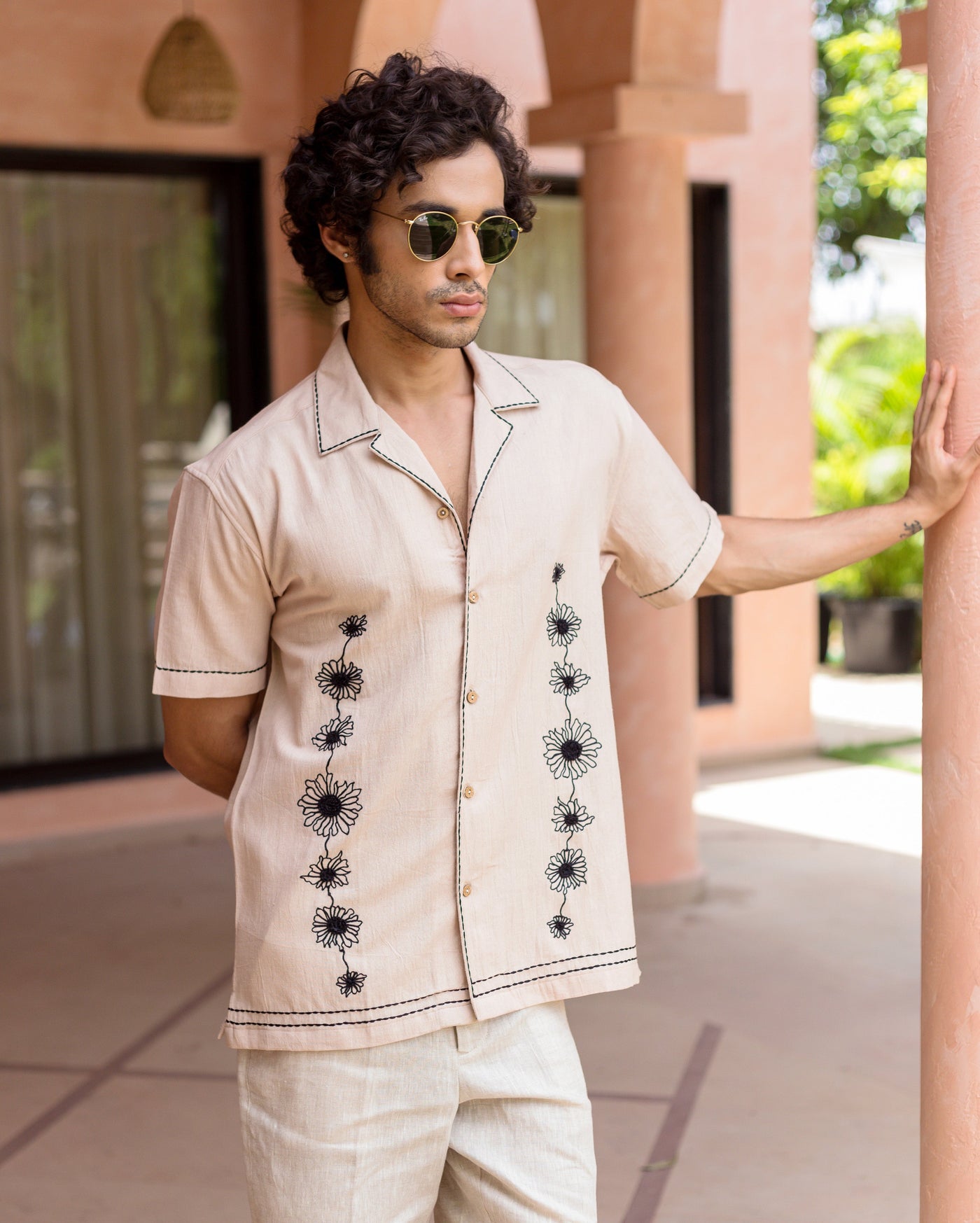 Eden Beige Embroidered SlubShirt