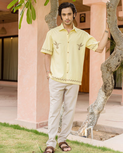 Doff Yellow Embroidered Cotton Shirt