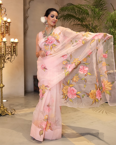 Peach Aura Embellished Handpainted Organza Silk Saree