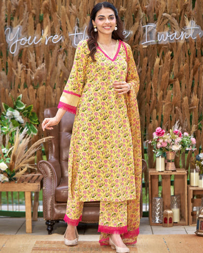 Flora Yellow Printed Cotton Suit Set