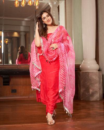 Krushi Pink Leheriya Silk Suit Set