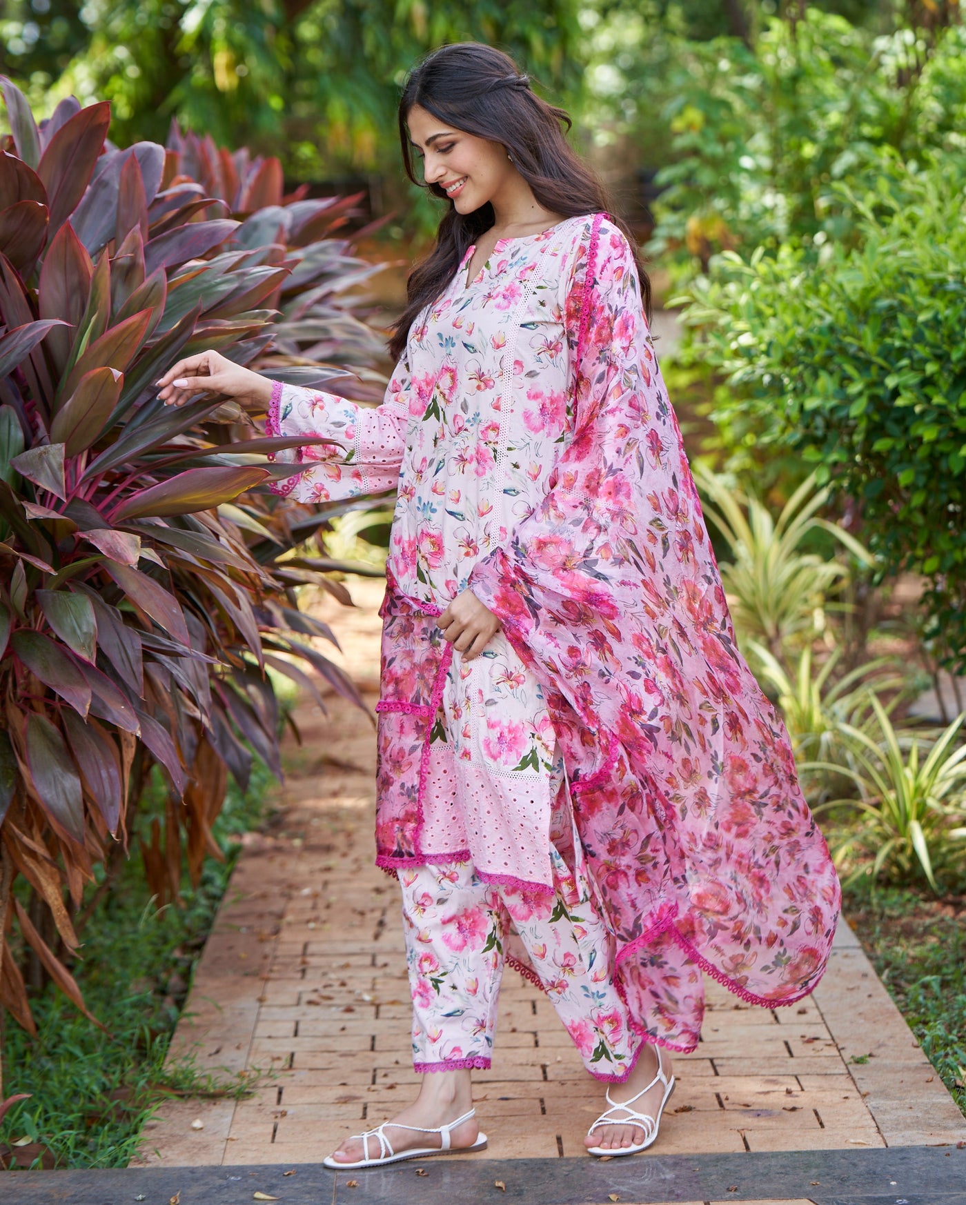 Plumeria Pink Printed Cotton Suit Set