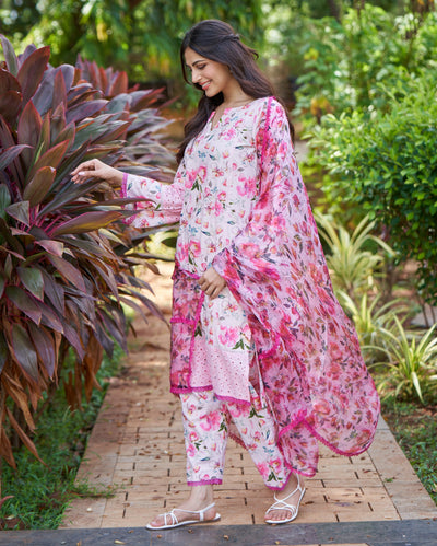 Plumeria Pink Printed Cotton Suit Set