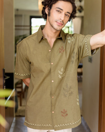 Dex Olive Embroidered Cotton Shirt