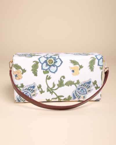 White Floral Handblock Printed Satchel Bag