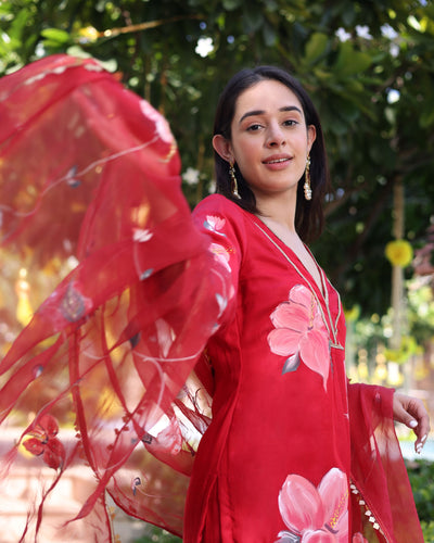 Raspberry Blush Red Handpainted Satin Suit Set