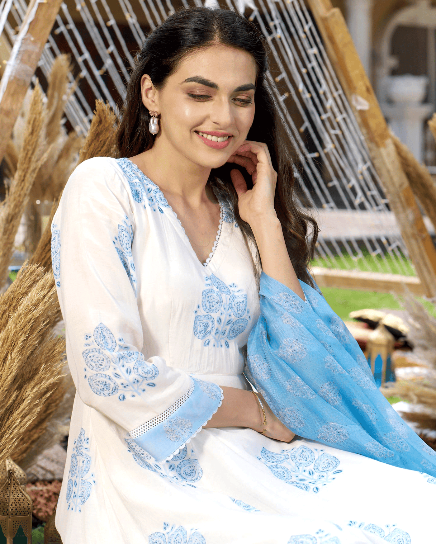 Rudra White Printed Silk Suit Set