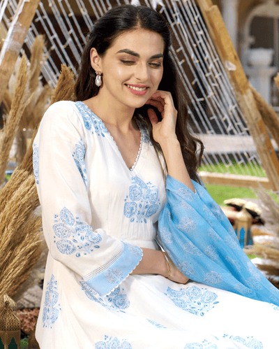 Rudra White Printed Silk Suit Set