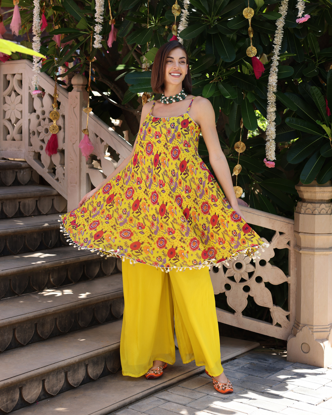 Sunflower Yellow Symphony Printed Chinon Coord Set