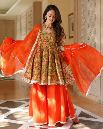 Jaffa Orange Handblock Sharara Set