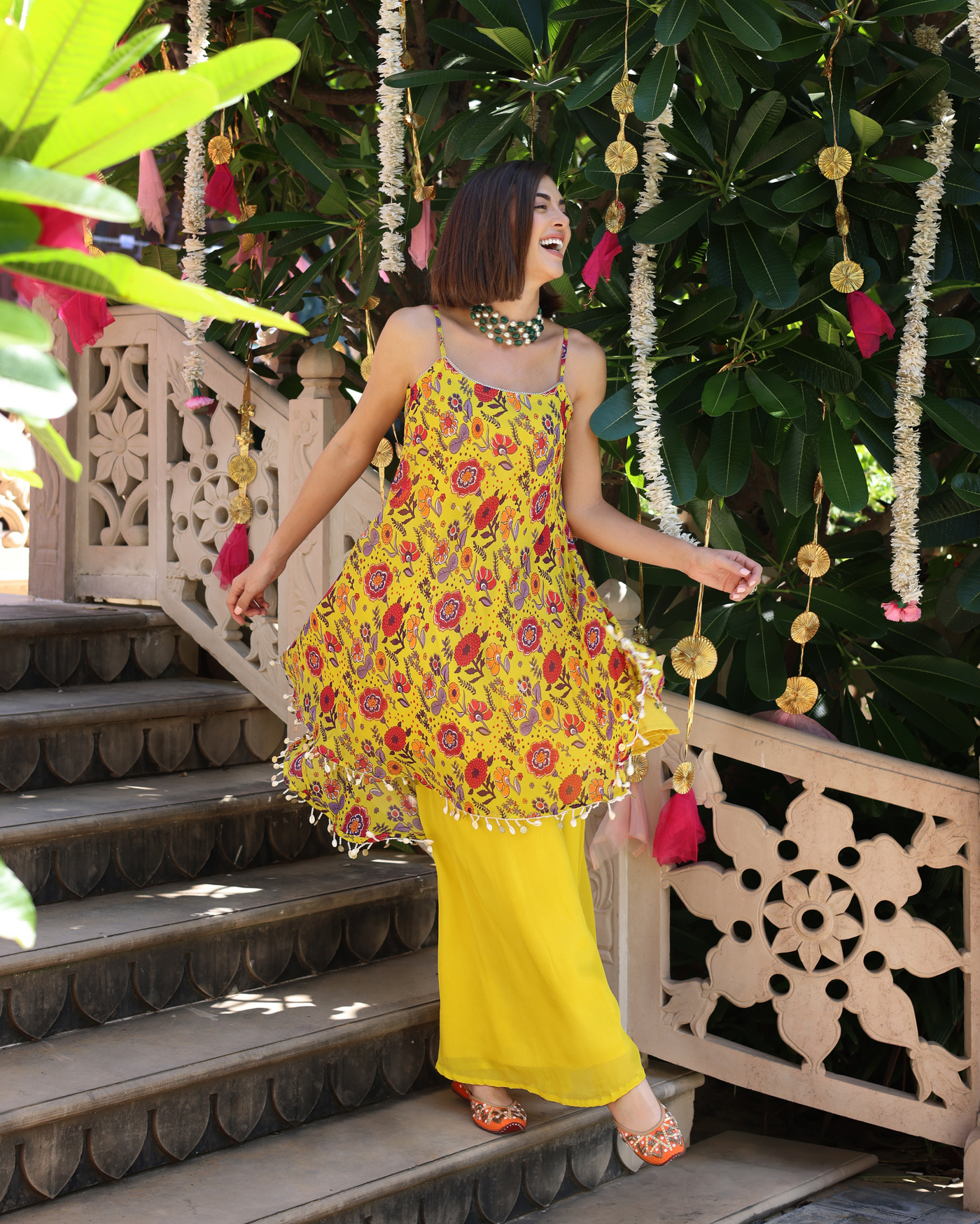 Sunflower Yellow Symphony Printed Chinon Coord Set