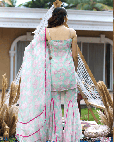 Kinaaz Sea Green Printed Georgette Sharara Set