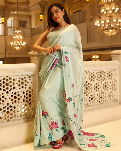 Green Cardamom Handpainted Silk Saree