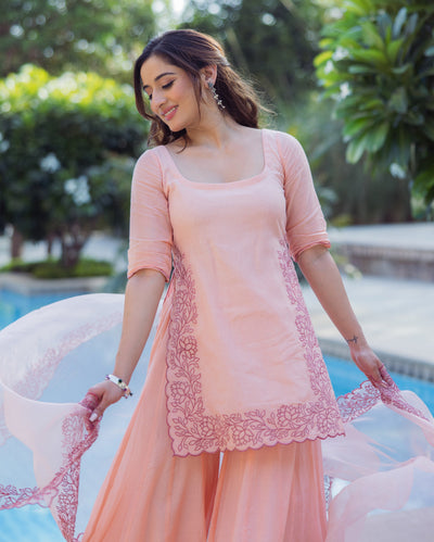 Lotus Charm Peach Embroidered Cotton Sharara Set