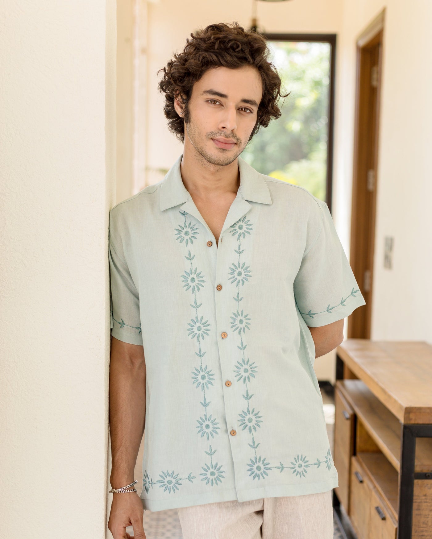 Drip Pastel Blue Embroidered Linen Shirt