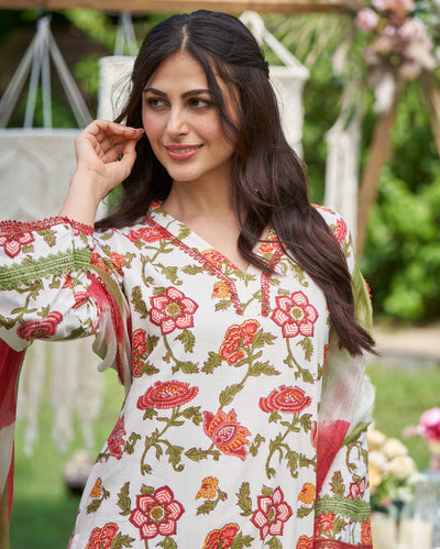 Sunrise Bloom Red Printed Cotton Suit Set