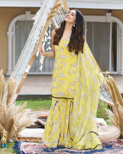 Emin Yellow Printed Georgette Sharara Set