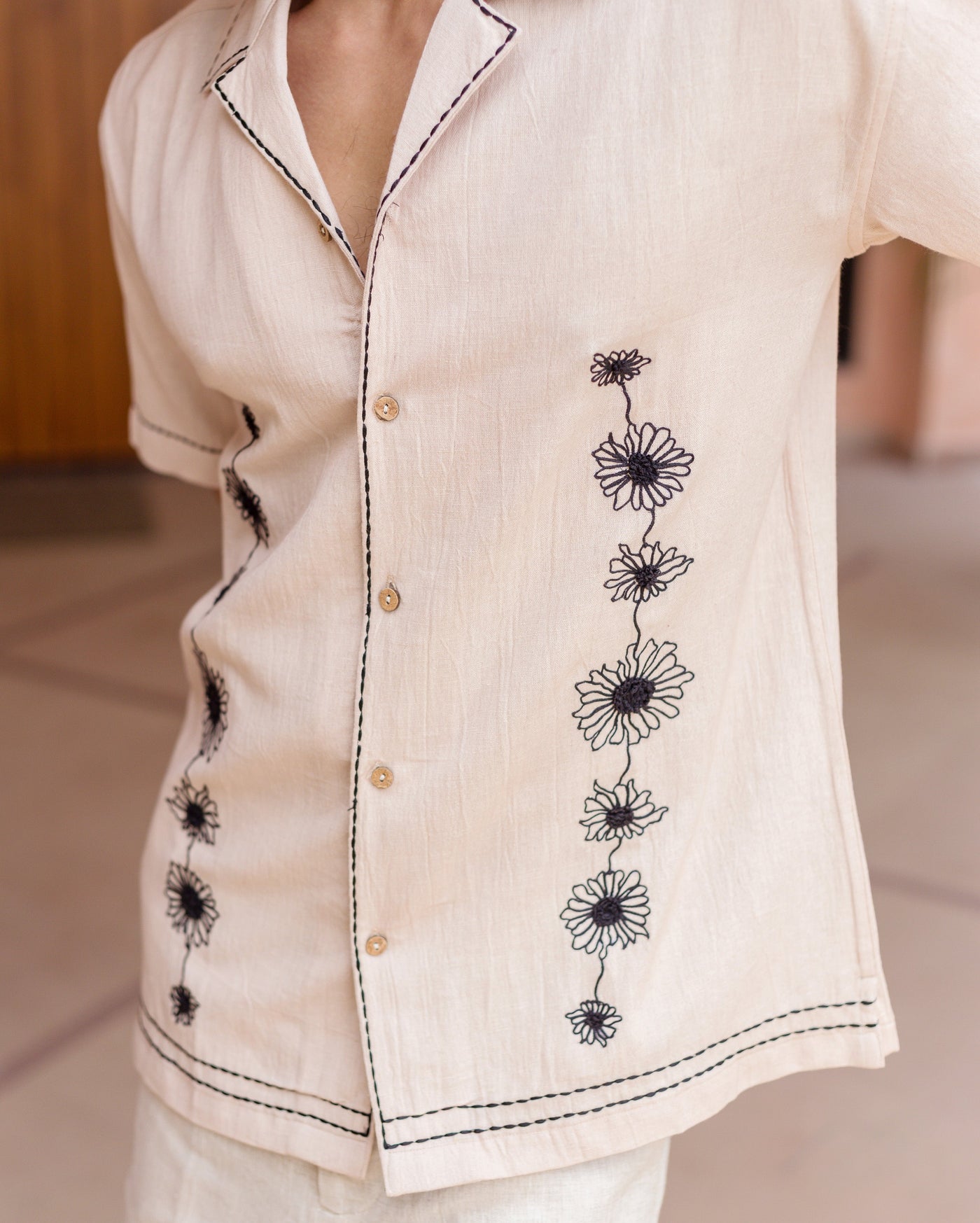 Eden Beige Embroidered SlubShirt