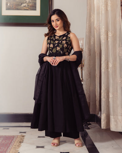 Shadow Black Embroidered Cotton Suit Set