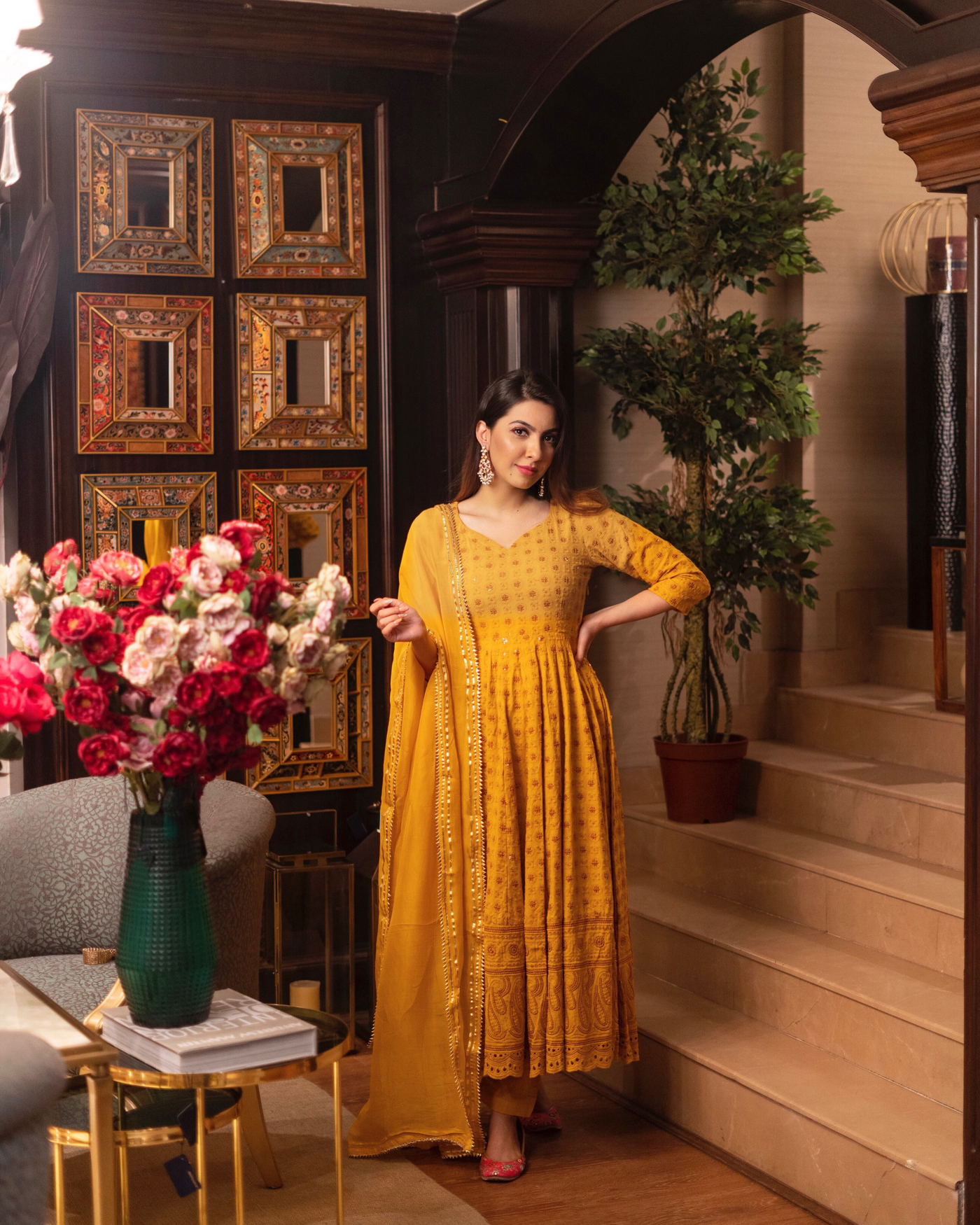 Mustard Chikankari Anarkali Set