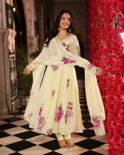 Floral Cream Dream Handpainted Georgette Suit Set