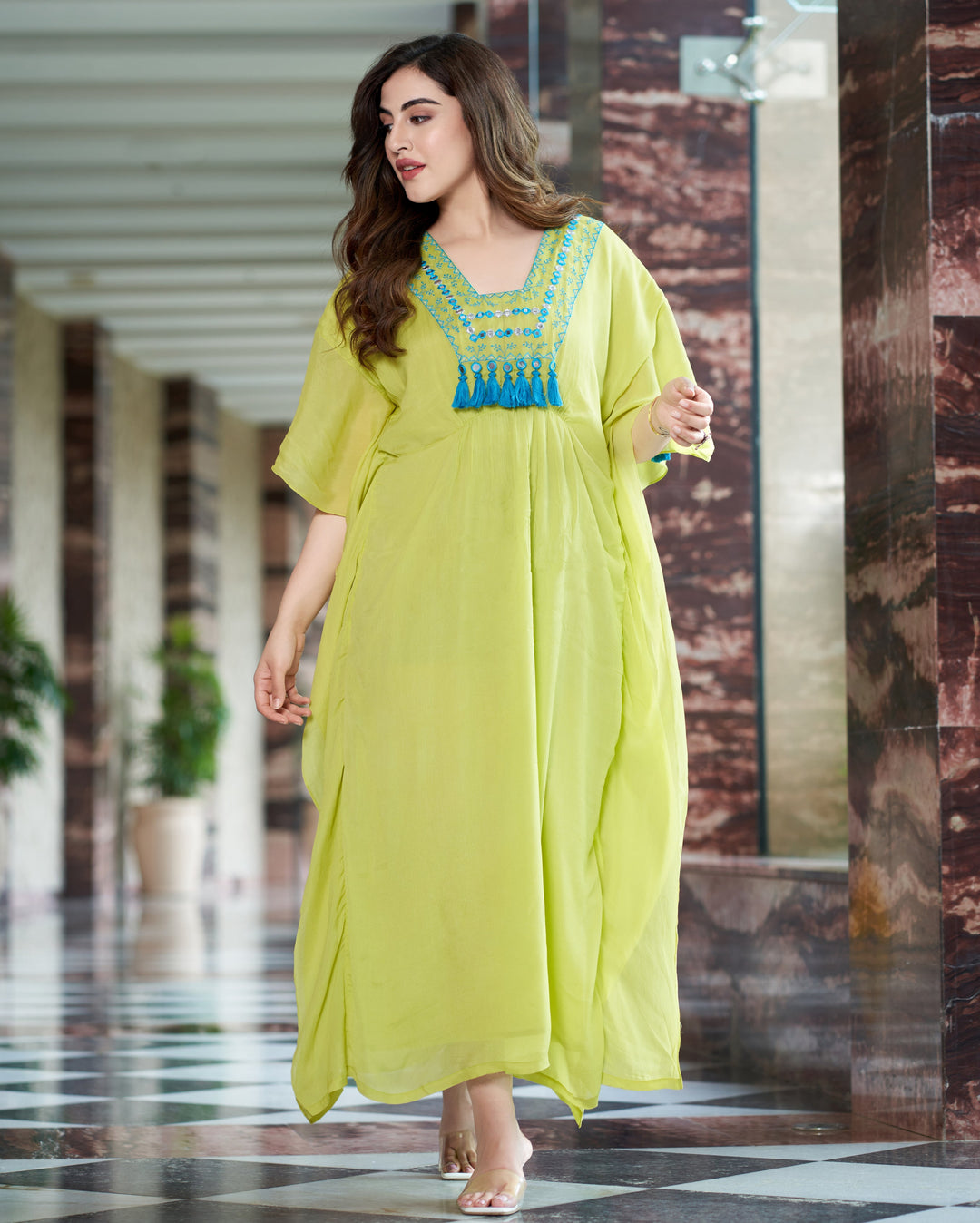 Shop Meera Neon Green Embroidered Chinon Kaftan for Women Online at Aachho   Aachho.co