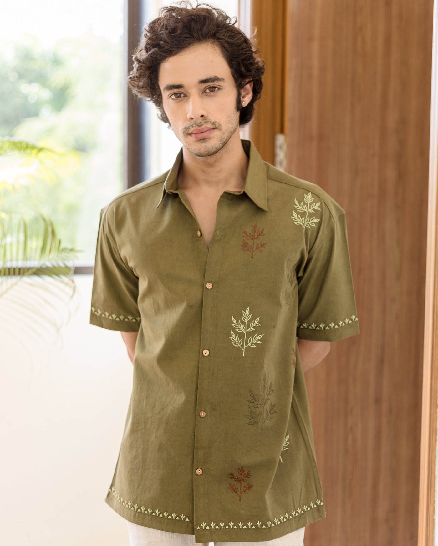 Dex Olive Embroidered Cotton Shirt