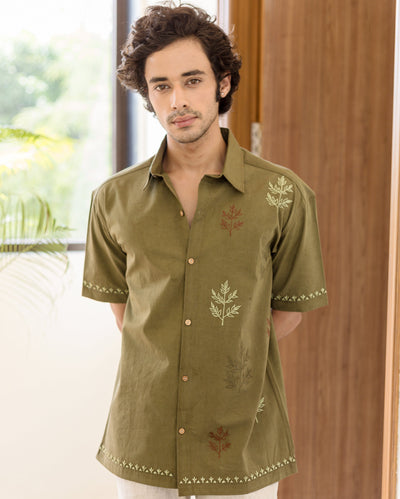 Dex Olive Embroidered Cotton Shirt