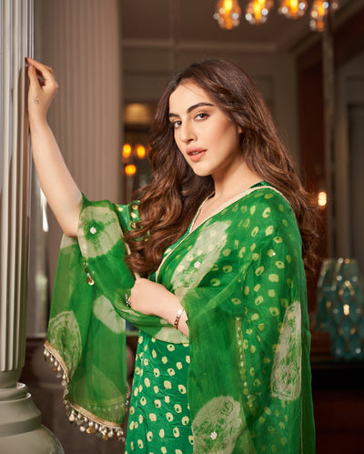 Raksika Green Bandhani Silk Suit Set