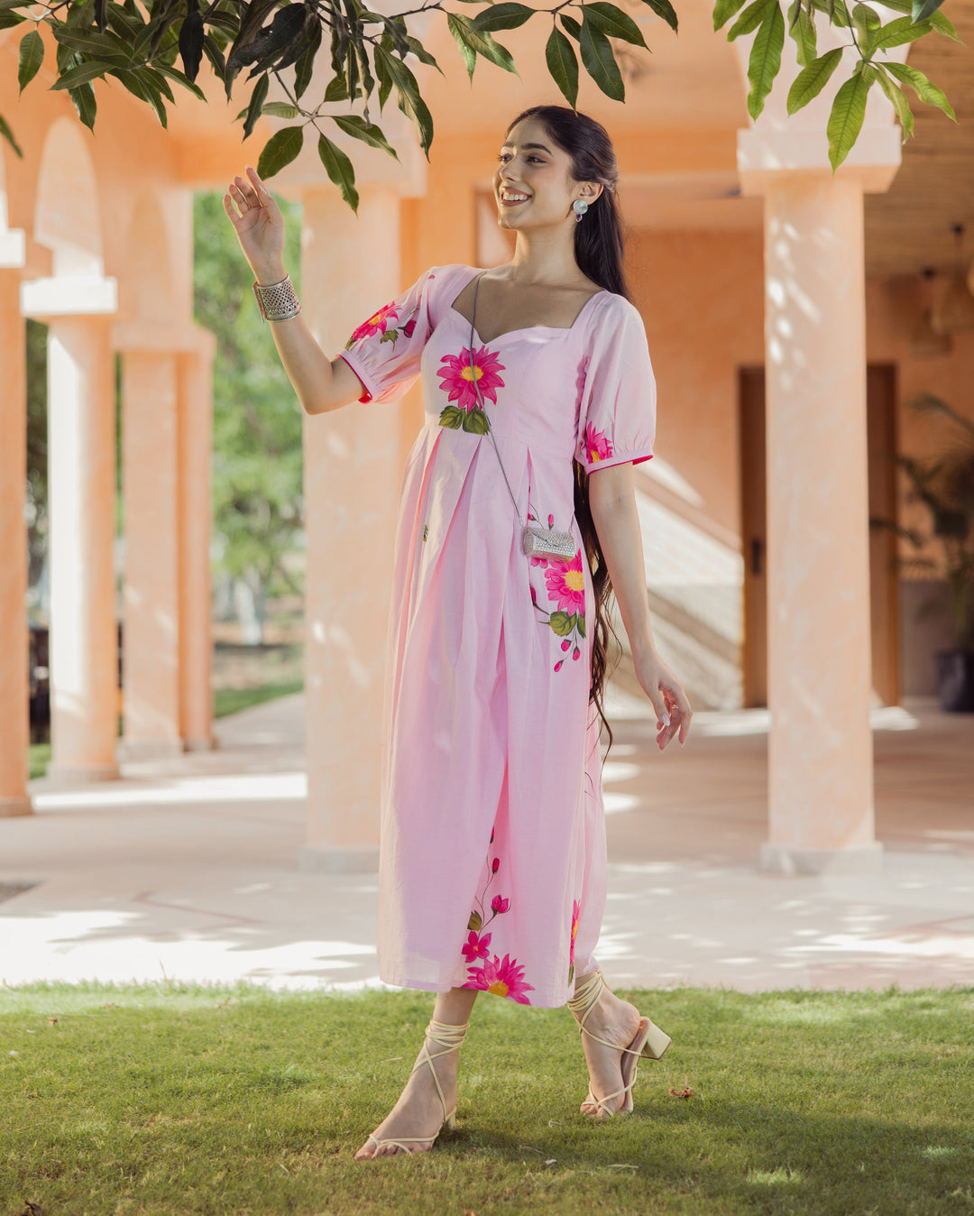 Shop Flora Fable Pink Handpainted Cotton Dress for Women Online at