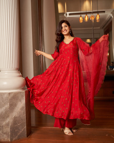 Rasa Red Bandhani Silk Suit Set