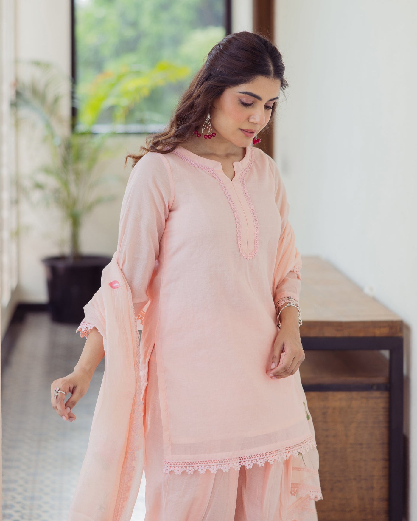 Milky Peach Handpainted Chanderi Suit Set