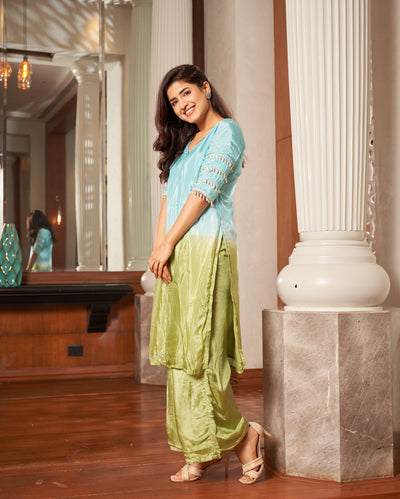 Matsya Blue Green Ombre Silk Kurta Set