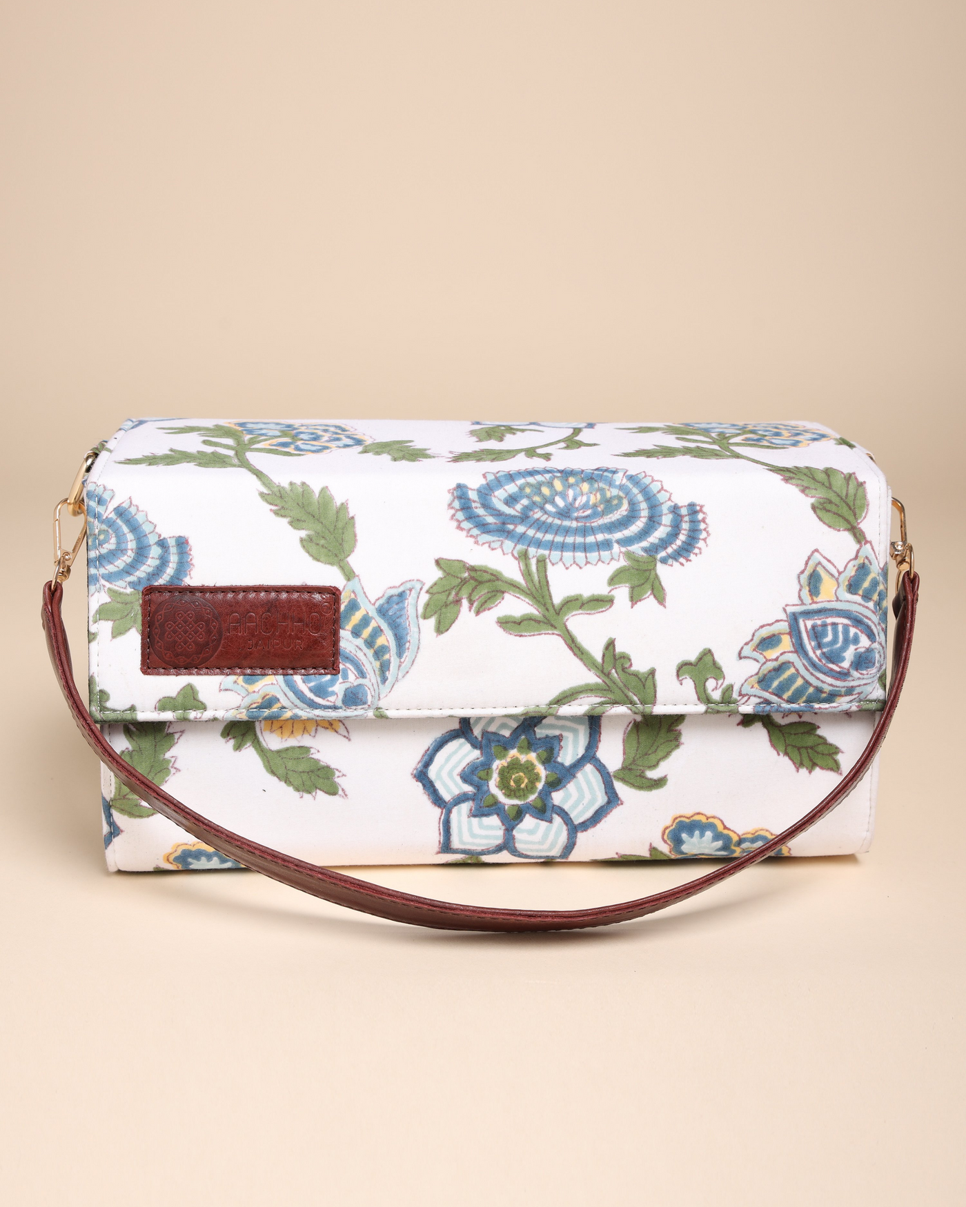 White Floral Handblock Printed Satchel Bag