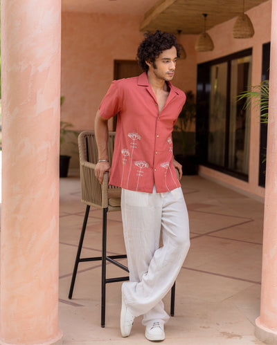 Brick Red Embroidered Slub Shirt