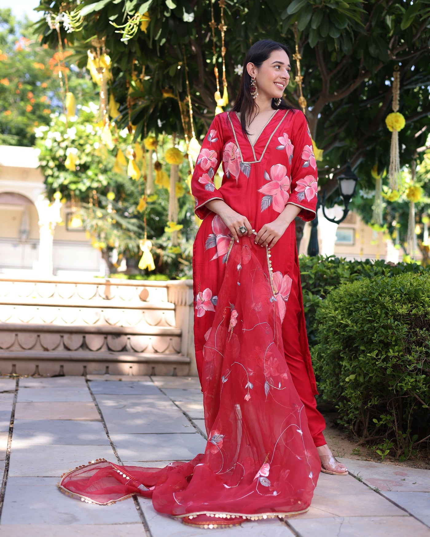 Raspberry Blush Red Handpainted Satin Suit Set