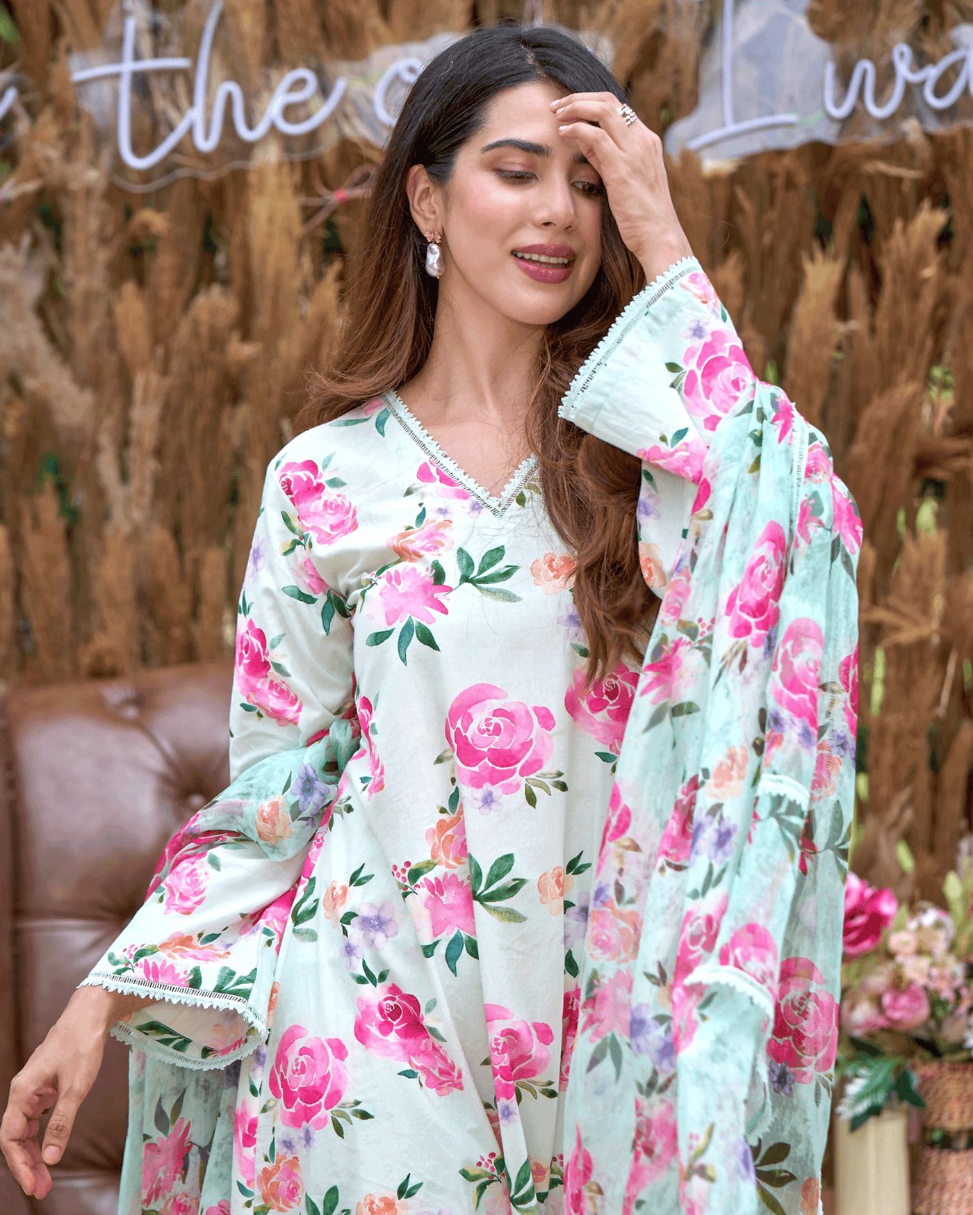 Zinnia Green Printed Cotton Suit Set