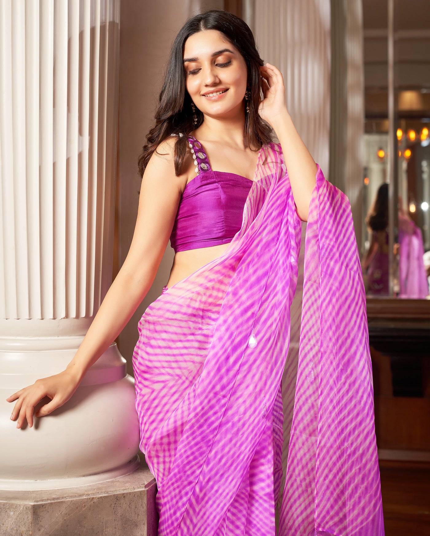 Varaha Purple Leheriya Organza Pre Draped Saree