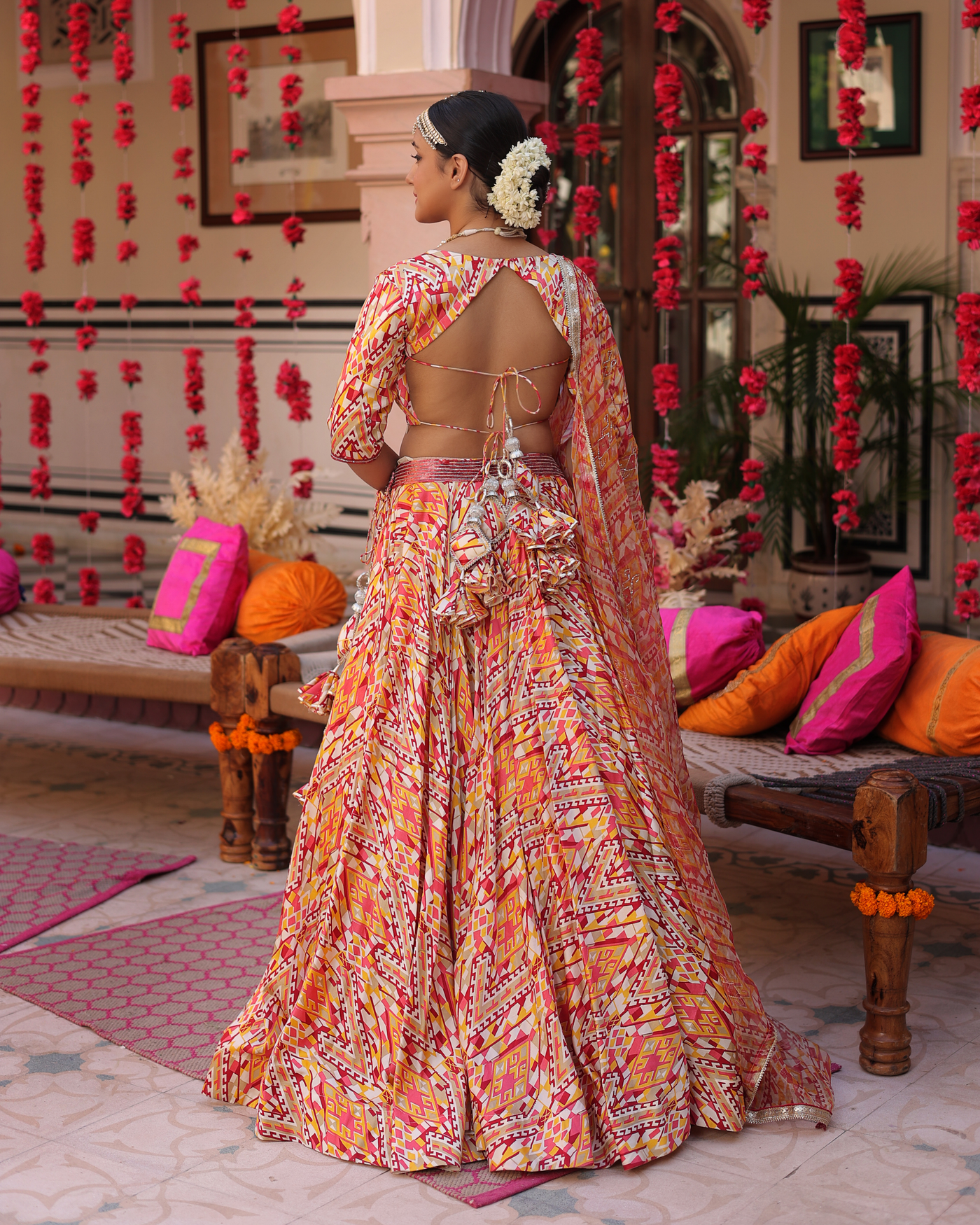 Creamy Crimson Blaze Printed Satin Lehenga Set