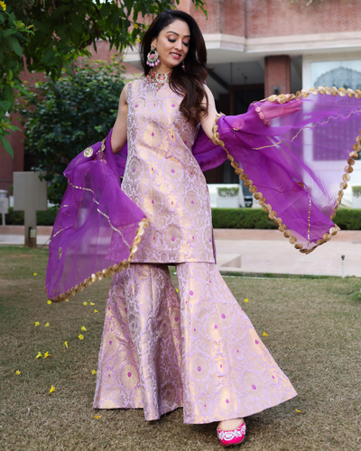 Crushed Purple Brocade Sharara Set