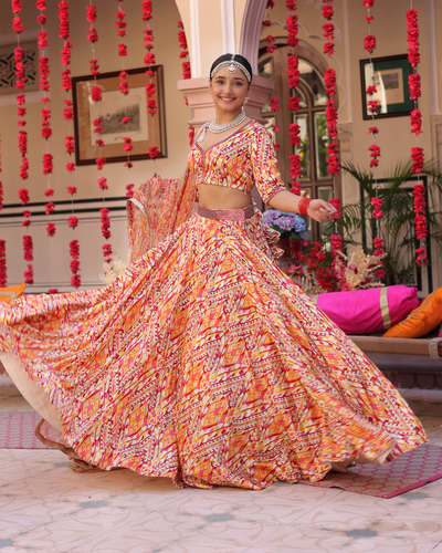 Creamy Crimson Blaze Printed Satin Lehenga Set