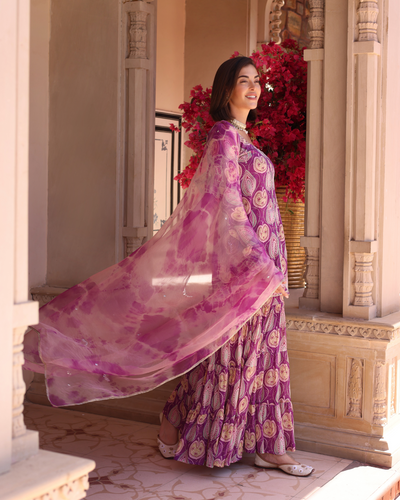 Lilac Floral Fantasy Printed Chinon Sharara Set