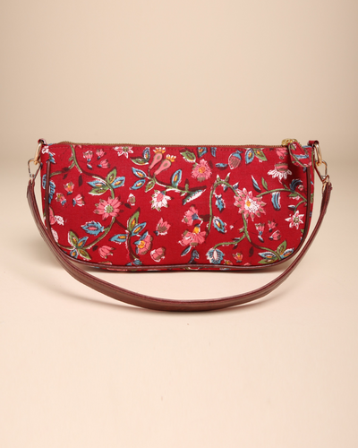 Imperial Red Cotton Blockprinted Mini Baguette Bag