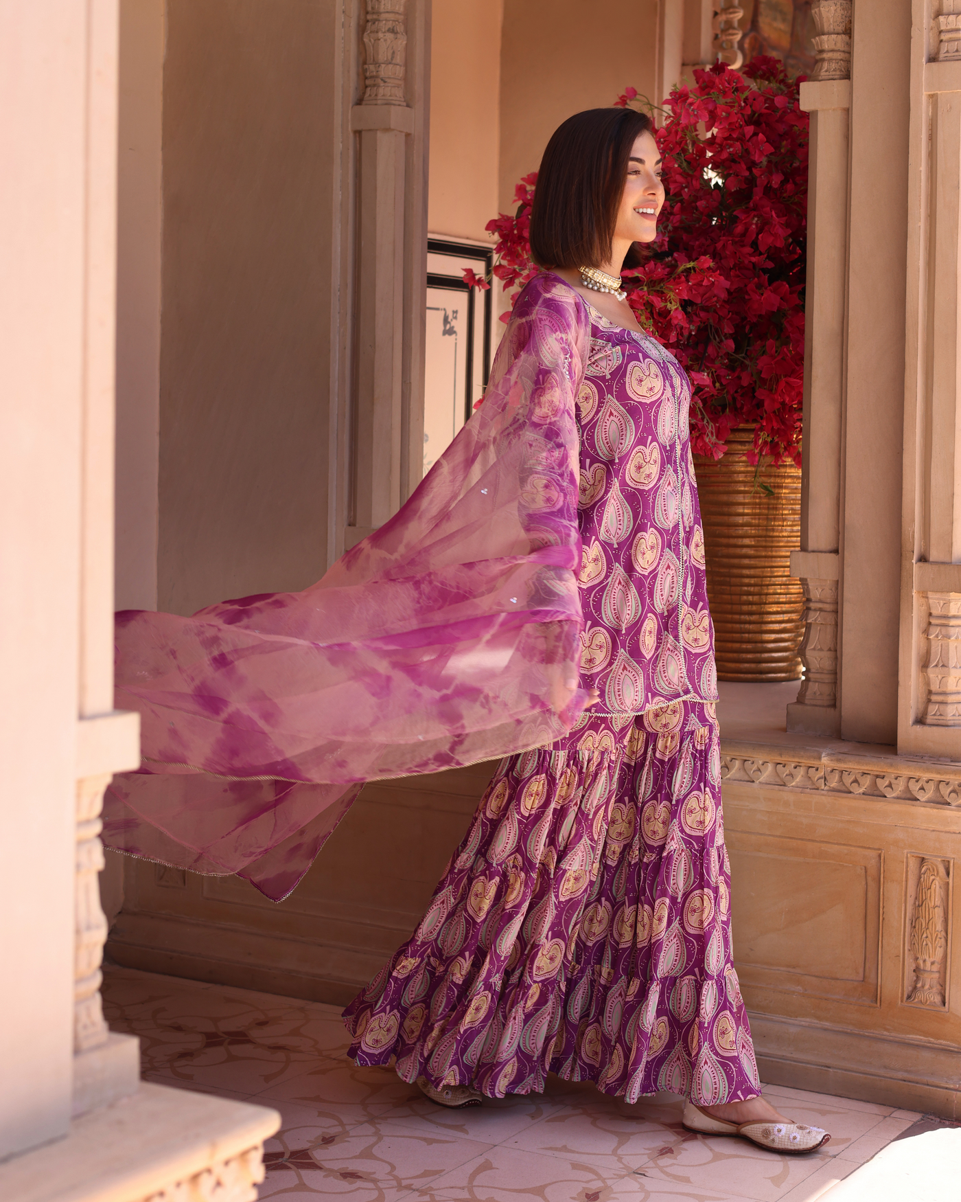 Lilac Floral Fantasy Printed Chinon Sharara Set