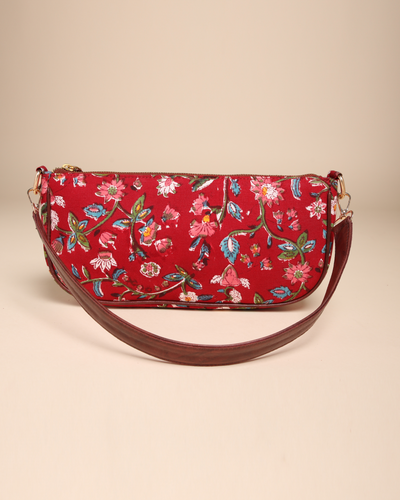 Imperial Red Cotton Blockprinted Mini Baguette Bag