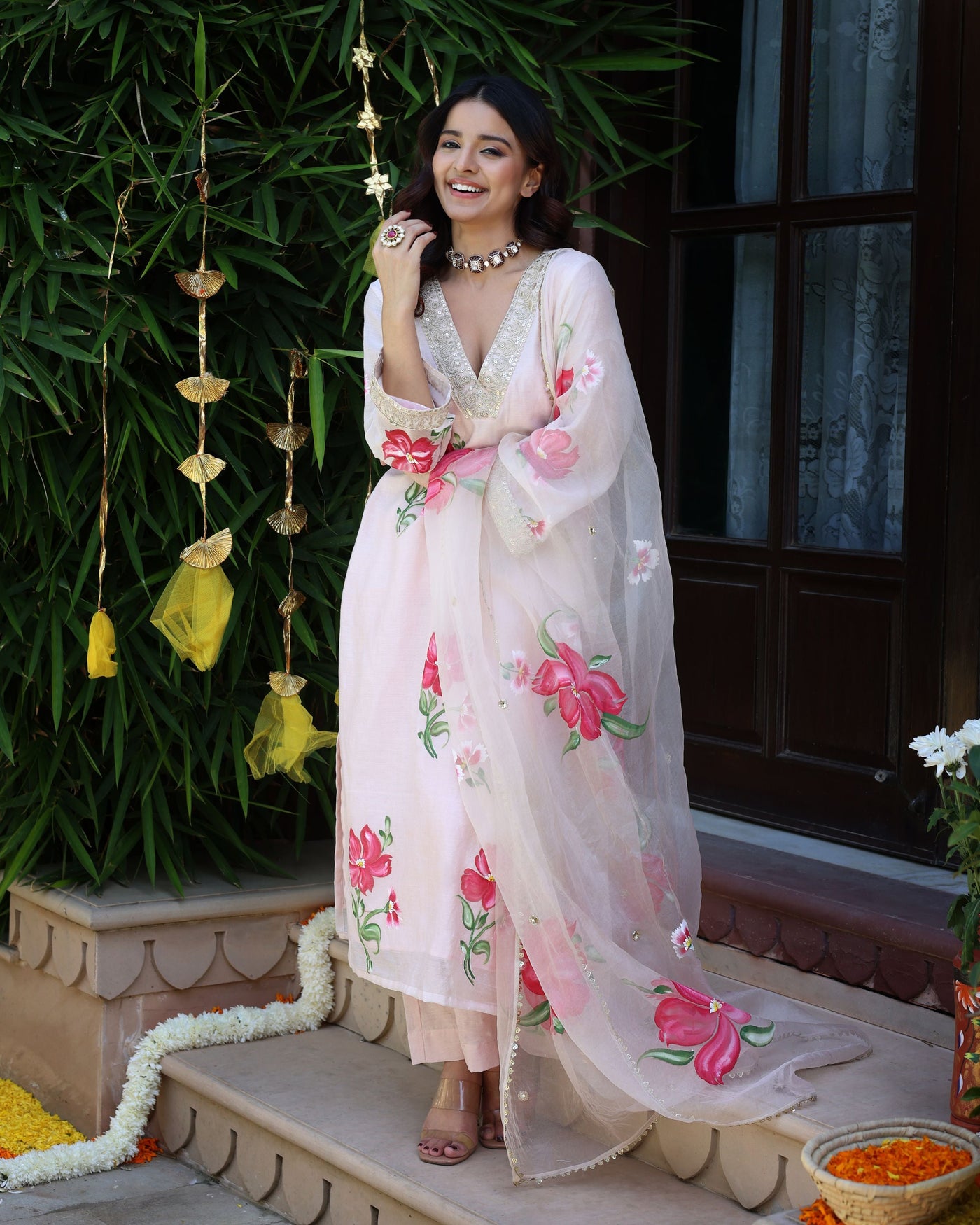 Snowflake Serene Peach Pink Handpainted Chanderi Suit Set