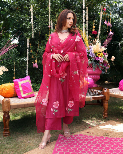 Berry Bliss Magenta Handpainted Chanderi Suit Set