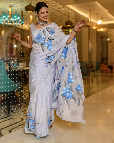 Pruitan Grey Handpainted Silk Saree